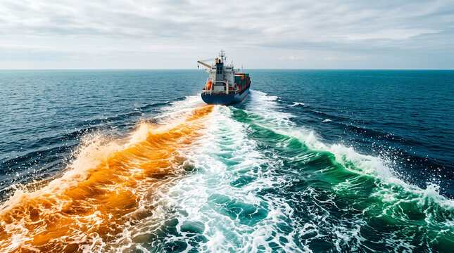 A modern commercial ship sailing over the deep blue ocean, creating saffron orange and emerald green wake for Independence Day maritime celebration