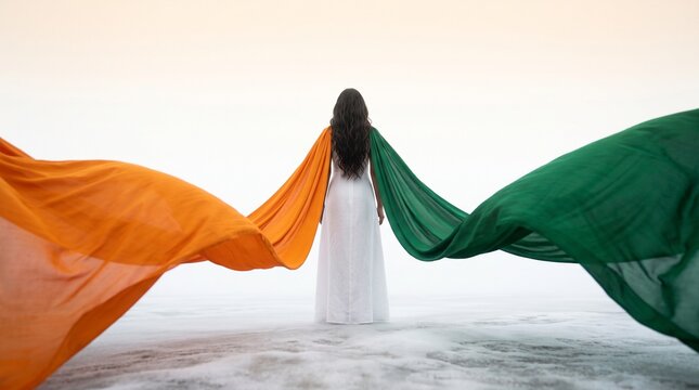 An elegant woman in white dress with flowing saffron and emerald silk wings against misty horizon for Independence Day fashion concept