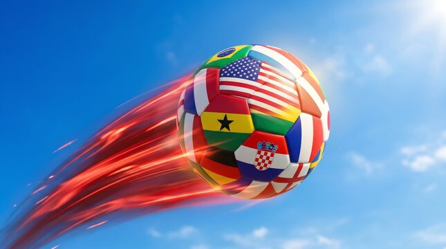 Soccer ball with world flags flying through the air against a bright blue sky with motion blur effect