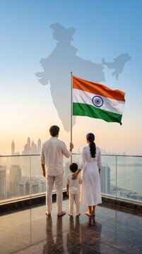 A family holding a national flag on a modern terrace overlooking the city skyline for independence day community and progress concept