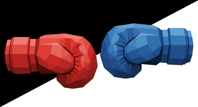Red and blue boxing gloves facing each other.