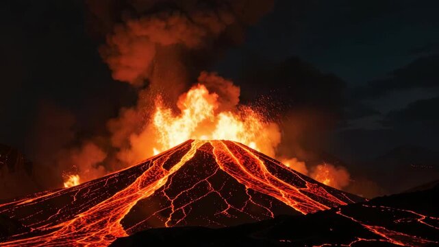 A dramatic eruption of a volcano with lava flowing down its slopes, captured in the dark of night under a starry sky.