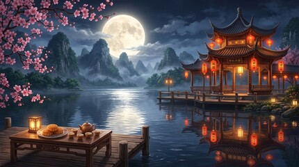 Fototapeta premium Floating paper lanterns over serene lake under giant full moon and starry night sky with traditional asian architecture silhouettes at twilight for mid autumn festival celebration with air large full