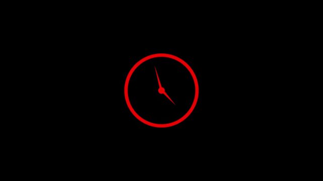 Neon red clock icon on black background featuring glowing minimalist circle and watch hands design for time management schedule deadline tracking countdown business hours and customer service availabi