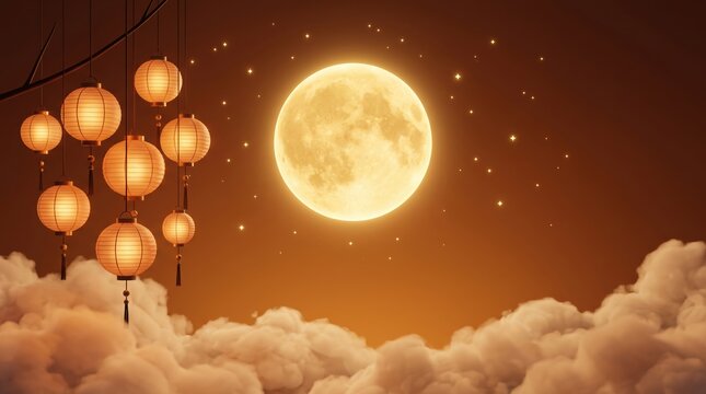 Minimalist 3D rendered night sky with lanterns and a glowing full moon, calming mid autumn festival backdrop
