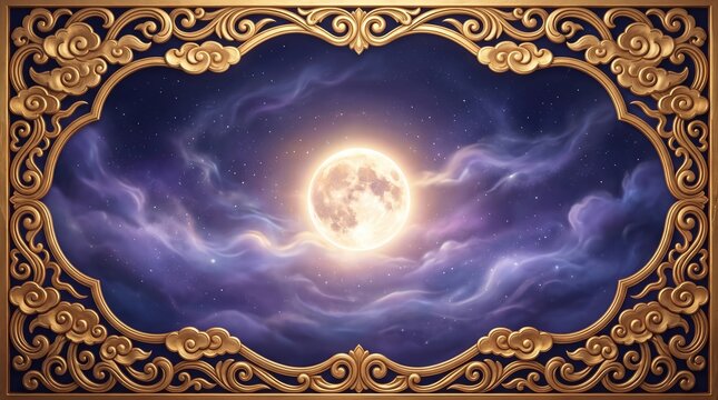 Golden oriental cloud frame with glowing moon for mid autumn festival