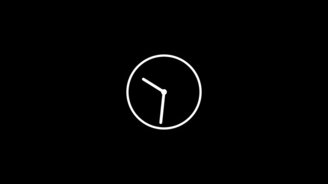 Minimalist white clock icon on black background featuring simple line vector art design for time management deadline schedule  wall watch concept business hours and customer service 