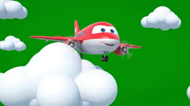 A cute cartoon airplane animation with a smiling face, flying through fluffy white clouds against a vibrant green