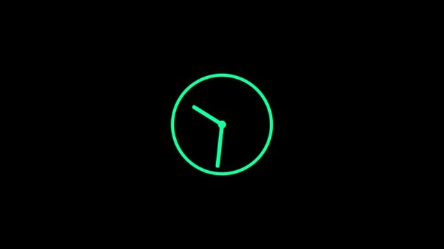 Neon green clock icon with glowing lines on black background