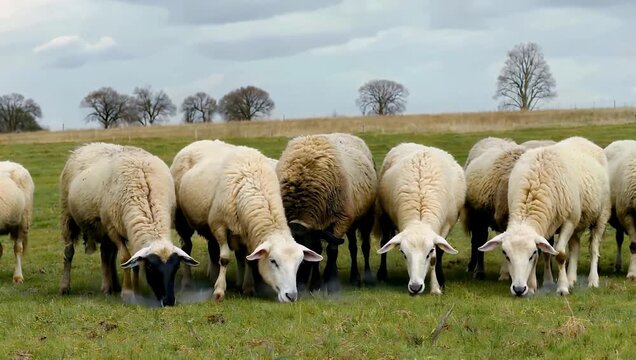 Beautiful 4K agricultural video showing fluffy sheep feeding on frosty Oregon pastures during a chilly dawn with visible condensation puffing from their noses as they move across the green fields