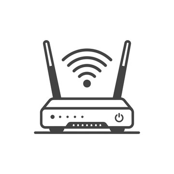 Wi-Fi router line art with signal waves and antennas.