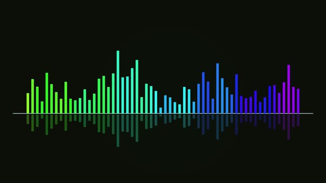 Dynamic Audio Equalizer Display with Vibrant Green Blue Purple Gradient Bars Reflecting on Dark Background Modern Sound Wave Visualization
