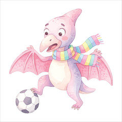 Cute Pterodactyl Playing Soccer with Colorful Scarf, Confused Expression, Pastel Pink Watercolor Flat Vector Illustration Isolated on White Background  © Mae