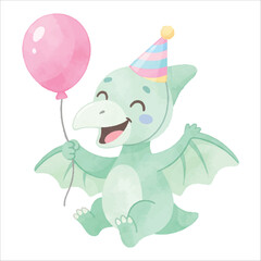 Cute Pterodactyl Holding Balloon with Party Hat, Laughing, Pastel Green Watercolor Flat Vector Illustration Isolated on White Background  © Mae