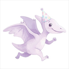 Cute Pterodactyl Running with Party Hat, Smiling, Pastel Lavender Watercolor Flat Vector Illustration Isolated on White Background  © Mae