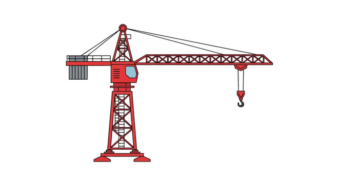 Red tower crane vector illustration isolated on white background, side view profile of industrial hoisting machinery with lattice boom, cabin, counterweights, and pulley hook.