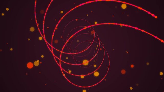 Glowing red particle trails swirl with floating golden bokeh orbs in a dynamic energy display