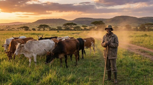Smiling African herder with his cattle herd walking on a dusty savanna road at sunset