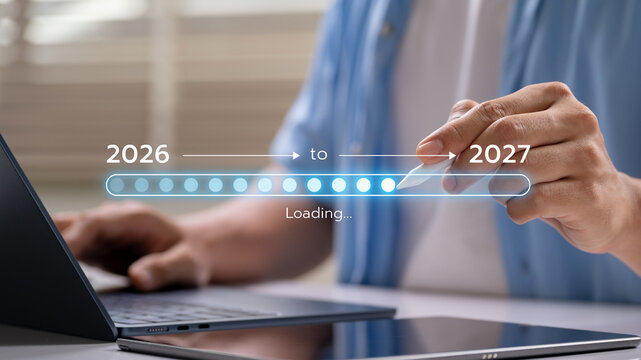 Business Transition from 2026 to 2027 with Digital Progress Loading Bar for Annual Planning Strategic Roadmap Enterprise Transformation Goal Tracking Productivity Improvement and Business Growth