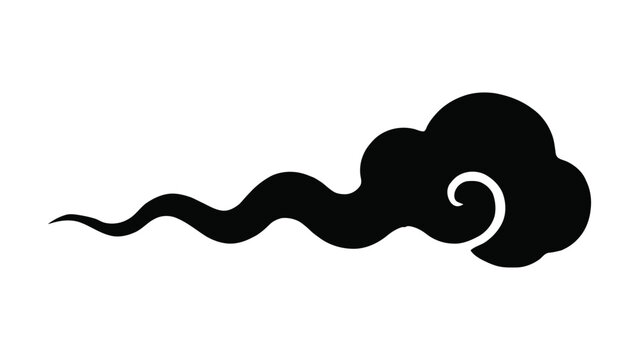 Traditional black silhouette of a stylized swirling cloud in an asian style with a long wavy tail isolated on a white background