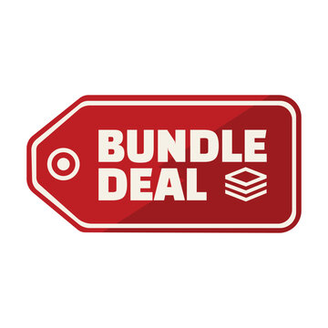 Bundle deal red price tag vector illustration with target icon and stacked items symbol, discount marketing label for product promotions and sales