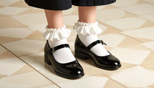 Ground Detail Mary Jane Shoes Ruffle Socks portrait showing a Person wearing Patent Black Leather Footwear and White Lace Anklets