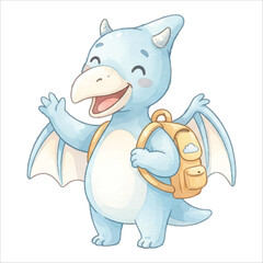 Cute Pterodactyl Waving with Backpack, Laughing, Pastel Blue Watercolor Flat Vector Illustration Isolated on White Background  © Mae