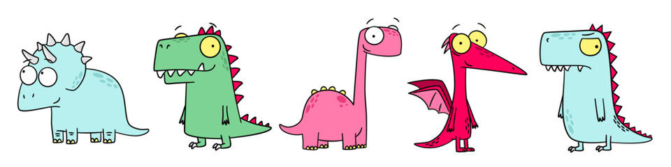 A vector set of various dinosaurs in a line art style with bright colors. Cute and funny dragons. Vector illustration © Alena