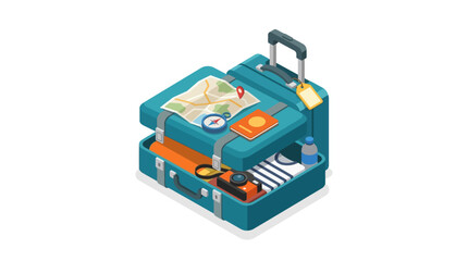 Fototapeta premium Isometric illustration of an open suitcase packed with essential items for a summer vacation trip.