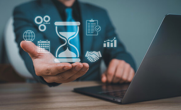 Business management concept with digital interface showing time and productivity tools.