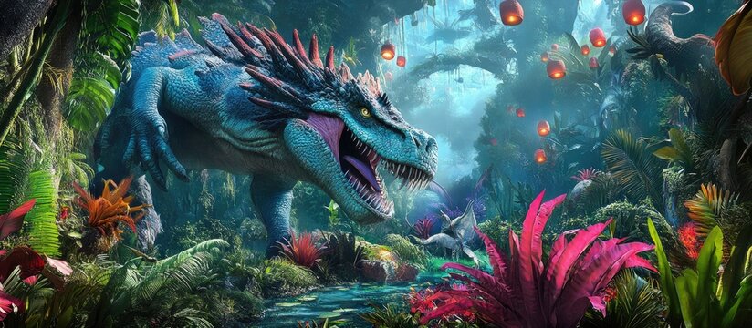 Colossal Blue Beast Roars in a Mystical Jungle Lit by Floating Red Lanterns