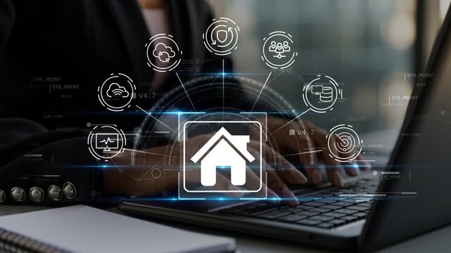 Digital mortgage financing workflow with property ownership documentation, businesswoman reviewing home loan strategy, residential housing finance and modern banking technology