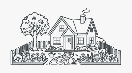 Obraz premium Industrial Style Black and White Line Drawing of a Cozy Cottage with Garden and Fence with high quality professional line art symbols for modern creative design and digital branding projects
