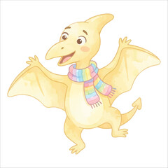 Cute Pterodactyl Dancing with Colorful Scarf, Confused Expression, Pastel Yellow Watercolor Flat Vector Illustration Isolated on White Background  © Mae