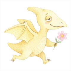 Cute Pterodactyl Running Holding Flower, Sleepy Expression, Pastel Yellow Watercolor Flat Vector Illustration Isolated on White Background  © Mae