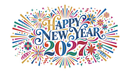 Fototapeta premium Happy New Year 2027: A vibrant and festive illustration celebrating the arrival of the new year with colorful fireworks, confetti, and stylized typography.