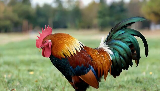 Majestic 4K agricultural footage capturing a proud multi colored cockerel vocalizing at dawn on a rustic farmstead beautifully highlighting its iridescent orange and black feathers proud posture and