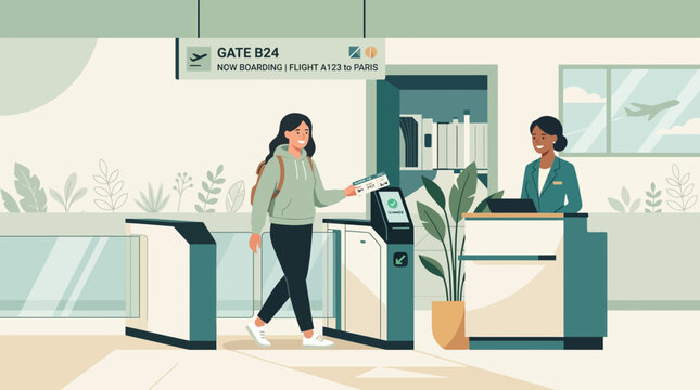 Young woman boarding airplane at airport security gate B24 for Flight AI234