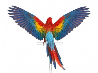 Fototapeta premium Red Scarlet Macaw Parrot Spreading Wings Symmetrical Bird Flight on White Background