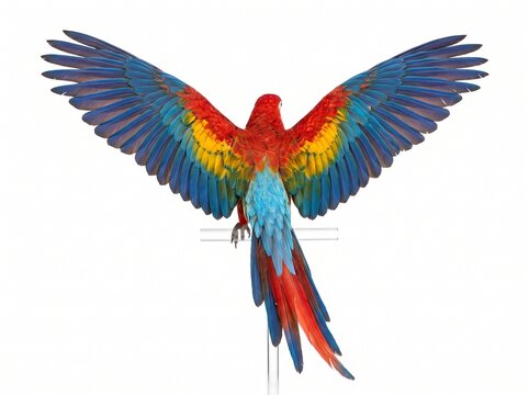 Red Scarlet Macaw Parrot Spreading Wings Symmetrical Bird Flight on White Background