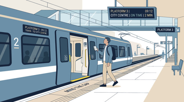 Man boarding train at city station platform, modern public transport illustration