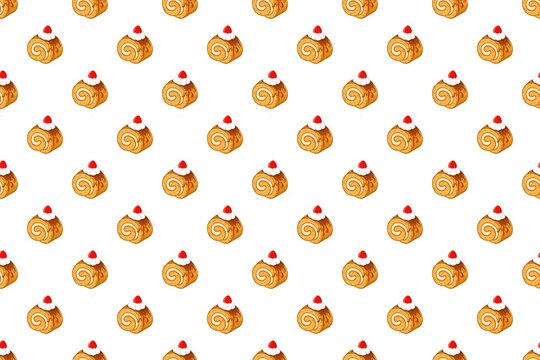 Swiss Roll Cake Seamless Pattern Background. Strawberry Roll Cake Repeat Pattern. Dessert Seamless Food Pattern