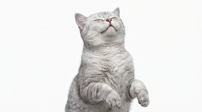 Happy British Shorthair Cat Grinning with Eyes Closed on White Background