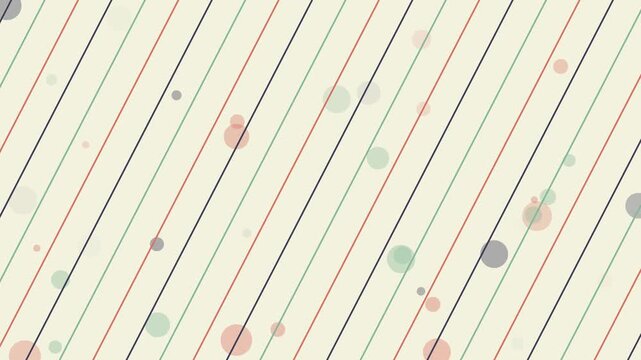 Minimalist geometric composition featuring thin diagonal lines and scattered circular shapes in a soft color palette