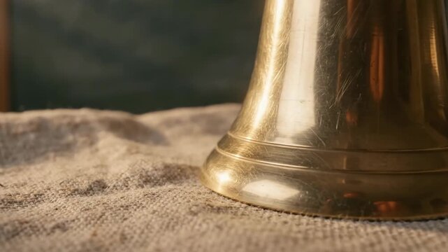 Brass bell with wooden handle placed on burlap fabric surface. Macro view of metal instrument reflecting morning light. Handbell for classroom or service signal