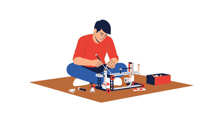 Fototapeta premium Flat Vector Illustration of a Person Building a Robotic Machine, STEM Learning and Engineering Hobby Concept