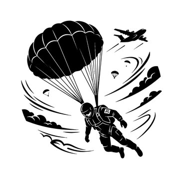 Black and white illustration of a soldier paratrooper jumping from an airplane with a parachute in the sky isolated on transparent background, Vector