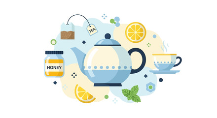 Fototapeta premium Modern Flat Vector Illustration of Tea Set with Teapot, Cup, Honey, Lemon, and Mint - Healthy Herbal Tea Brewing Concept