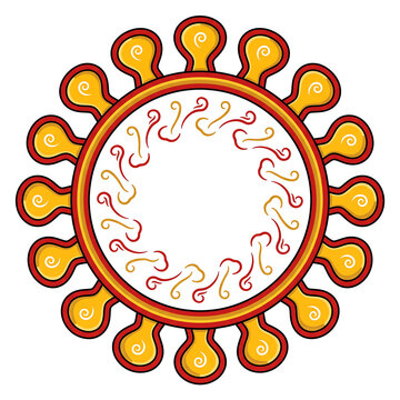Centered circular dhunuchi incense burner motif in flat vector style with red and gold smoke swirl shapes on pure white background