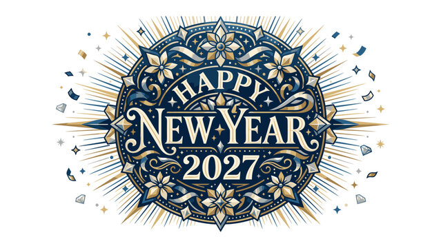 Happy New Year 2027 Emblem: A decorative emblem proclaiming Happy New Year 2027 with a burst of radiating lines and confetti, set against a clean white background.